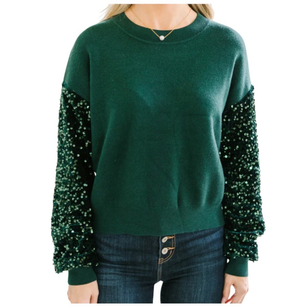 LUSH BRAND Dark Emerald Green SWEATER w/SEQUIN SLEEVES Fancy Party Christmas M